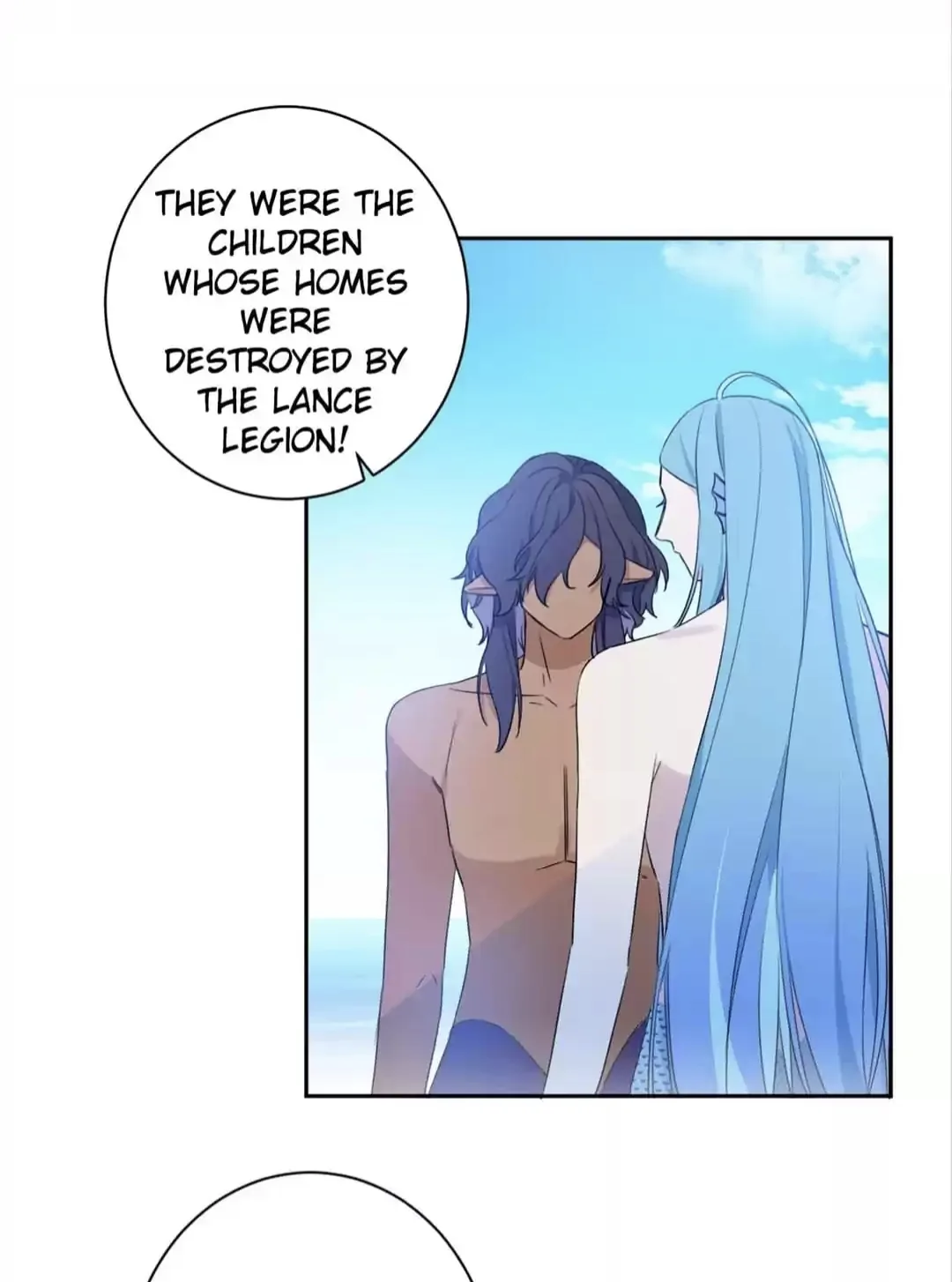 he image is a panel from a graphic novel or webtoon.  it features two characters, a man with dark hair and a woman with long, flowing blue hair, standing close together on a beach. the man appears to be partially submerged in the water.  a speech bubble above them reveals that these are children whose homes were destroyed by the lance legion, adding a context of loss and trauma to the scene. the art style is reminiscent of anime or manhwa, with soft coloring and expressive character designs. the overall mood is melancholic and suggestive of a difficult past.
