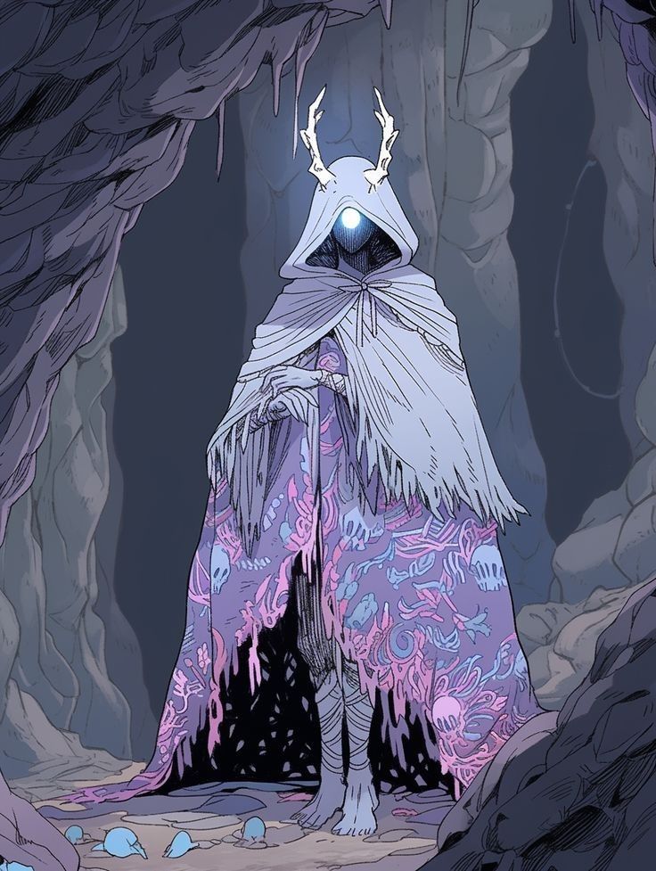 the image is a digital painting depicting a fantasy character.  the character is cloaked in a flowing, lightgrey or white robe adorned with a vibrant purple and pink undercloak featuring dripping, skull, and other organic patterns. the hood obscures most of the face, revealing only a glowing, lightblue orb where the face should be.  the character also sports a pair of pale, antlerlike headpieces.  the figure stands in a dark cave, with hints of glowing blue orbs scattered on the ground. the overall aesthetic is dark, mysterious, and otherworldly, suggesting a spiritual or deitylike being. the style is highly stylized, emphasizing linework and shading.