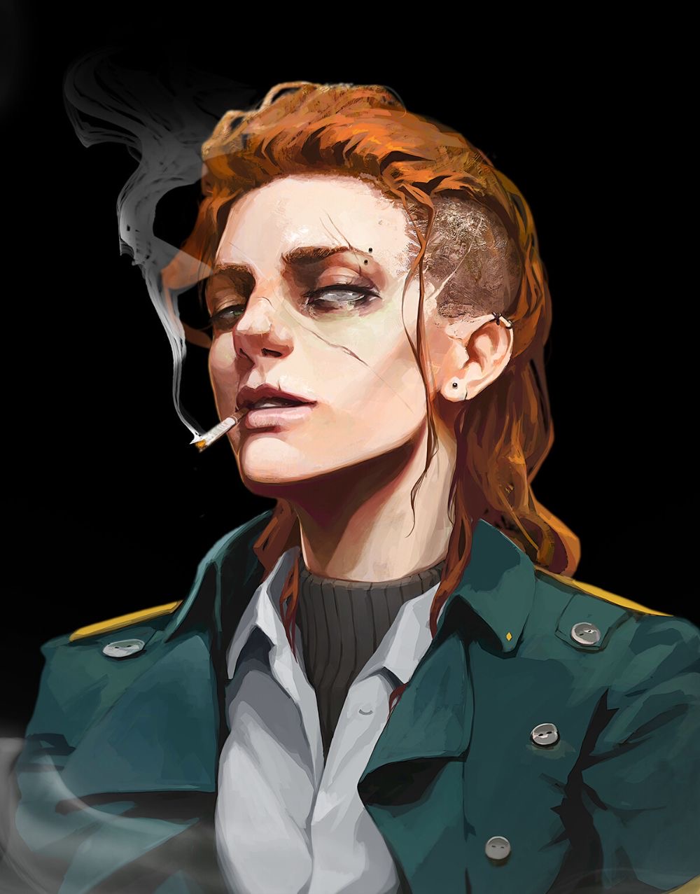 a woman with red hair and a shaved head smokes a cigarette while wearing a green jacket. she looks serious and cool, with a grunge style.
