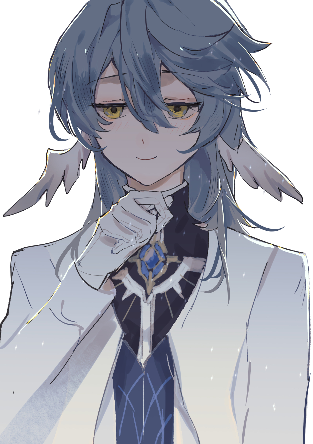 an anime character with long blue hair wearing a white coat and a blue shirt underneath, smiling and looking down with his hand on his chest.