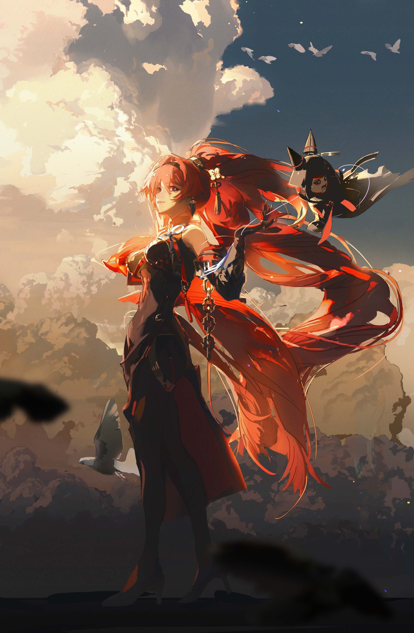 a female character with long flowing red hair, dressed in a black and red warrior outfit, stands confidently against a backdrop of a vibrant sunset sky. she is accompanied by a small, darkhaired companion with feline features. the scene is beautifully rendered, with soft lighting and a dramatic composition. the character's flowing hair and dynamic pose create a sense of movement and grace.