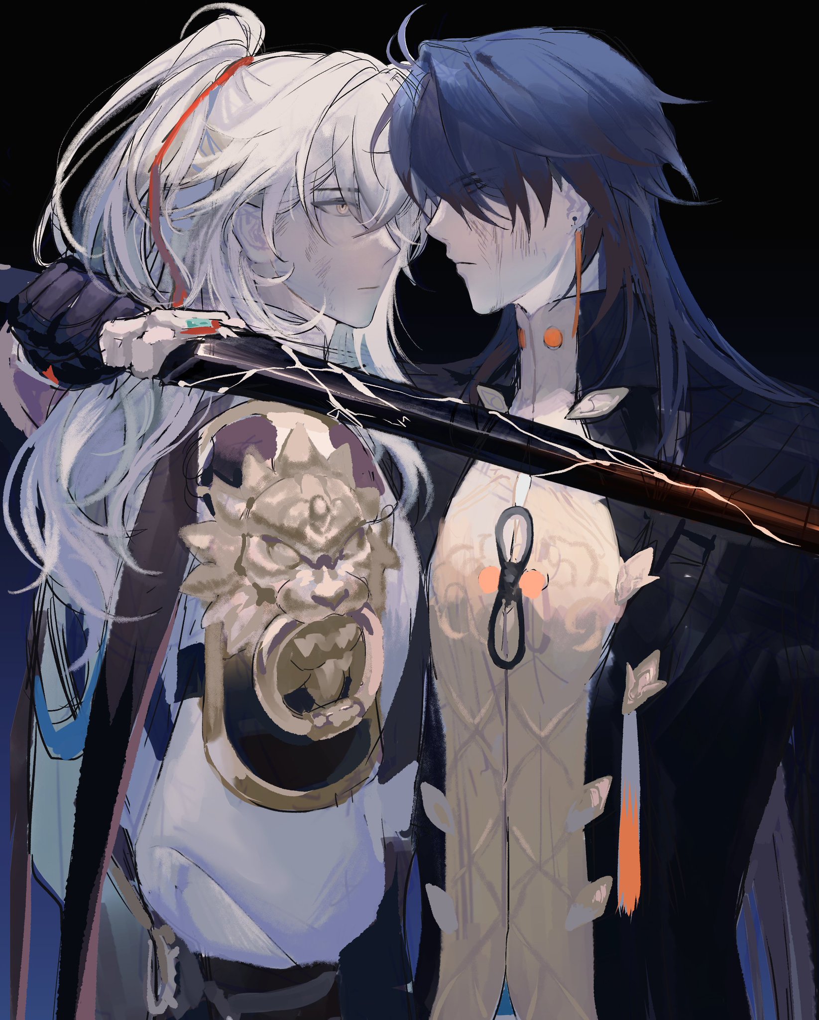 two anime characters, one with silver hair and one with dark blue hair, are embracing each other. the one with silver hair is holding a sword with one hand, looking down at the other character. the other character looks up at the one with silver hair. they are both wearing clothes that look like they are warriors or from a fantasy setting. the image is a digital art drawing with a soft, pastellike style.