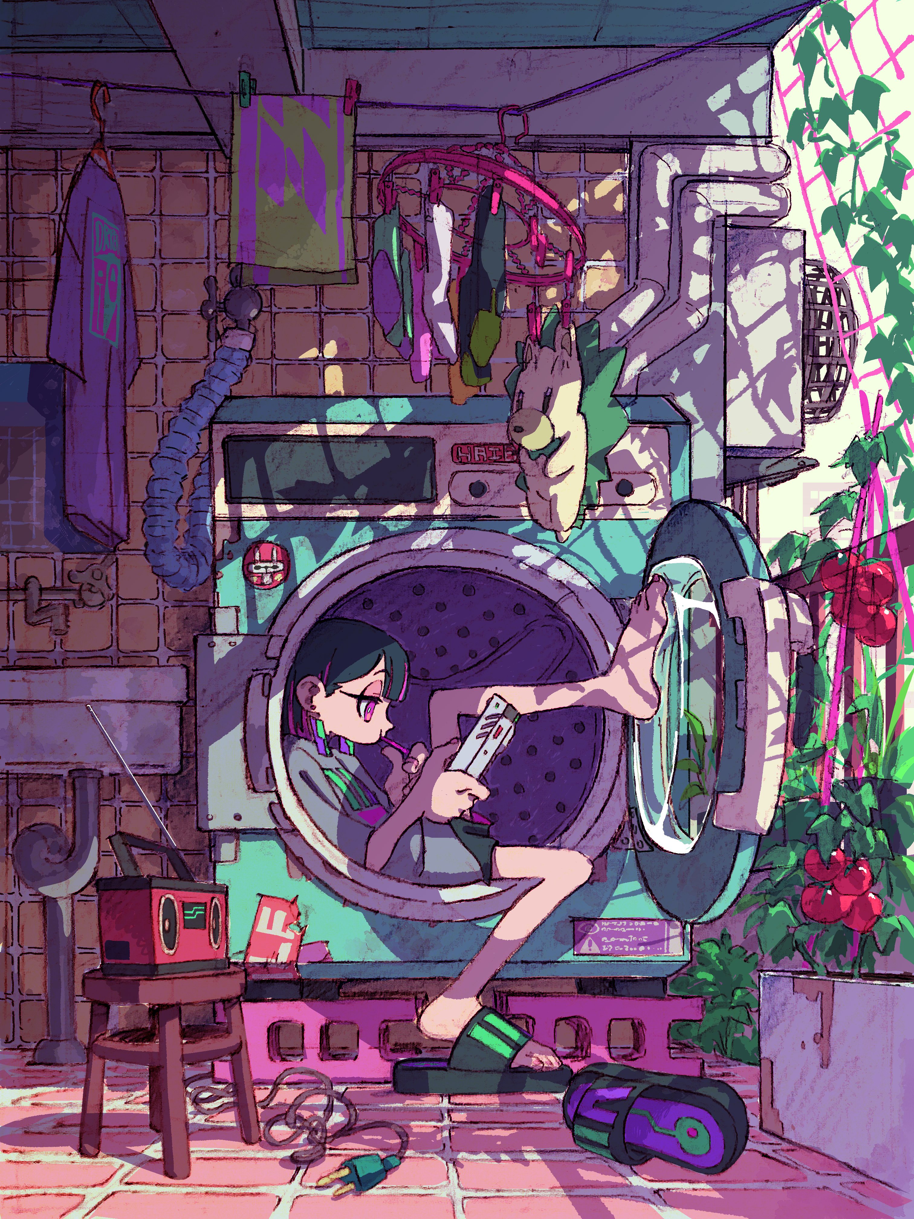 the illustration showcases a girl comfortably nestled inside an open washing machine, engrossed in a book. she wears round glasses and has short, dark hair. her legs, clad in striped socks, playfully stick out of the machine. the scene is set on a balcony or in a laundry room bathed in warm sunlight streaming through the window. clothes hang on a line to dry, and potted plants, including vibrant red tomatoes, add a touch of life and color. a retro radio sits atop a stool, hinting at a laidback atmosphere. the overall aesthetic is a charming blend of vintage and whimsy, capturing a moment of peaceful solitude.