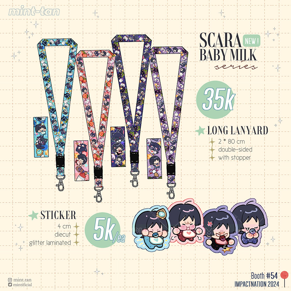 this image shows a product listing for scaramouchethemed merchandise. the items are:  scaramouche lanyards: these are long, doublesided lanyards with a stopper, featuring a pattern of scaramouche from genshin impact. they are available for 35k, which is likely the currency used at the event where these were sold.  scaramouche stickers: there are 4 different stickers, with a chibistyle version of scaramouche, each with a different pose or expression. they are 4cm diecut stickers with glitter lamination, and sold for 5k each.the image also shows the event name, impactnation 2024, and the booth number, #54, where these products were sold. the seller's name is "mint.tan" and "mintificial".