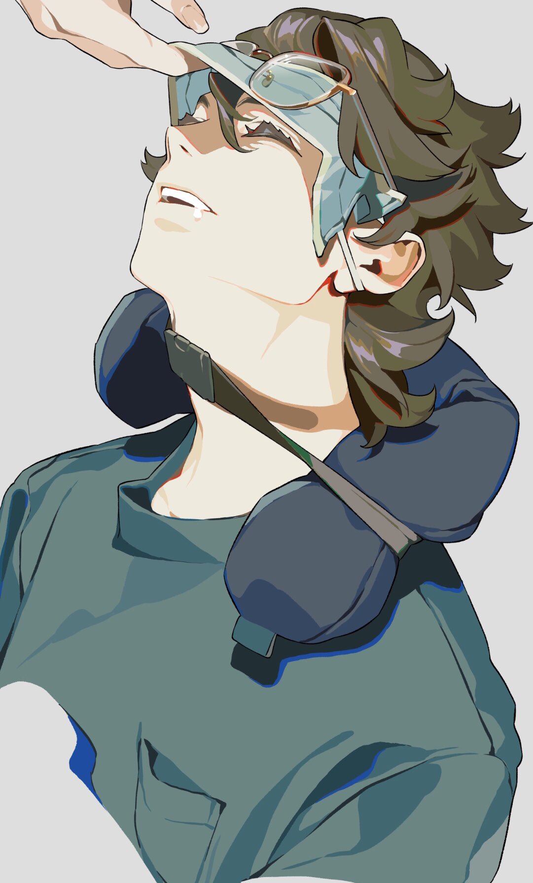 an animestyle illustration depicts a man with brown hair and a green shirt, looking up with a face mask and glasses askew on his head. a hand reaches down towards him from the top of the frame. he wears a neck pillow, and there appears to be blood near his ear.