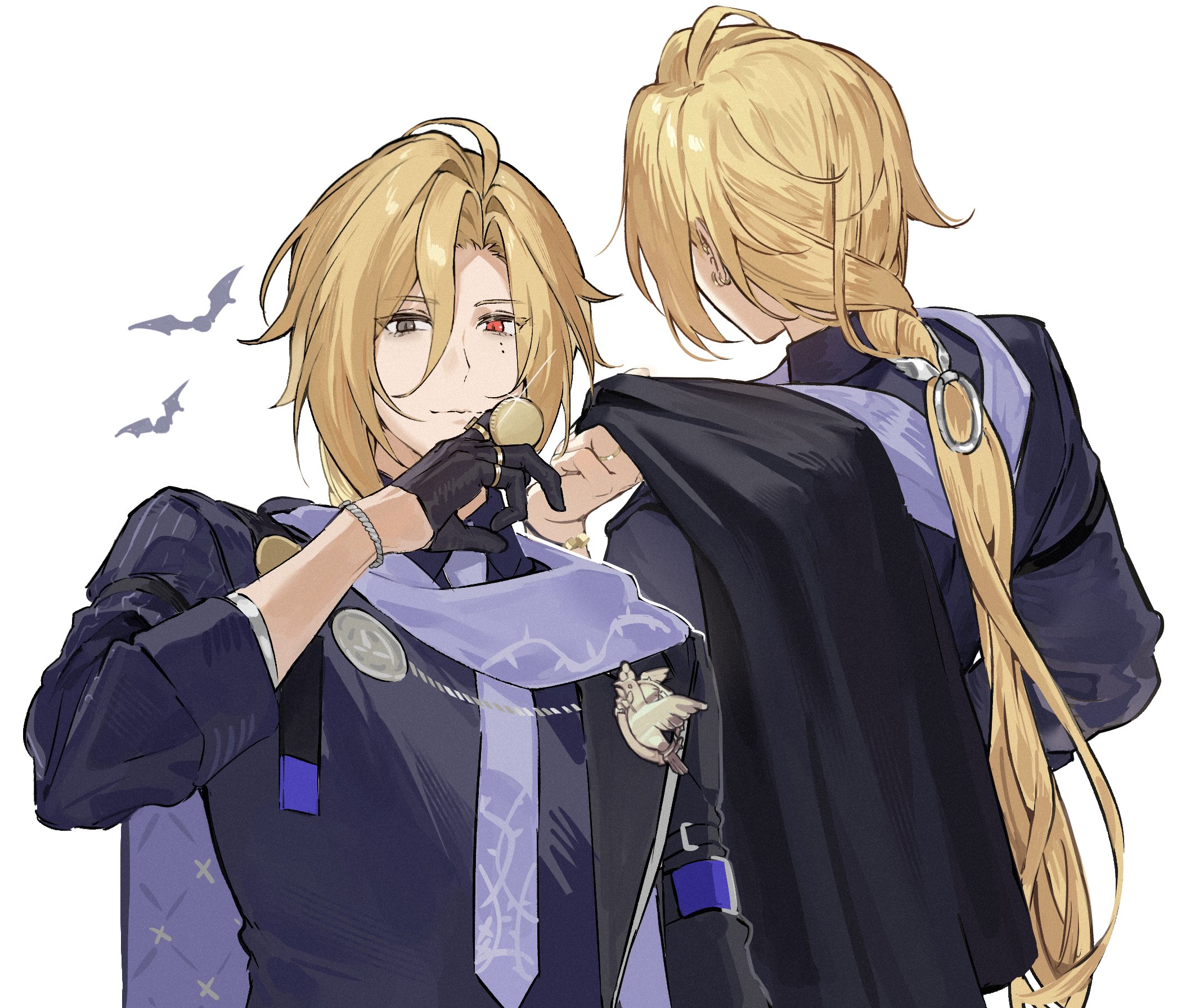 a drawing of two anime males with blonde hair. the male on the left has a red eye, is holding a pocket watch, and has two bats behind his head. the other male has his back to the viewer and has a long braid with a silver clasp. they are both wearing a dark blue suit with a purple scarf and black cape.