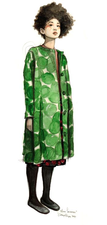 a watercolor illustration of a young woman wearing a green coat with black tights and black shoes. she has short, curly hair and a stylish look.