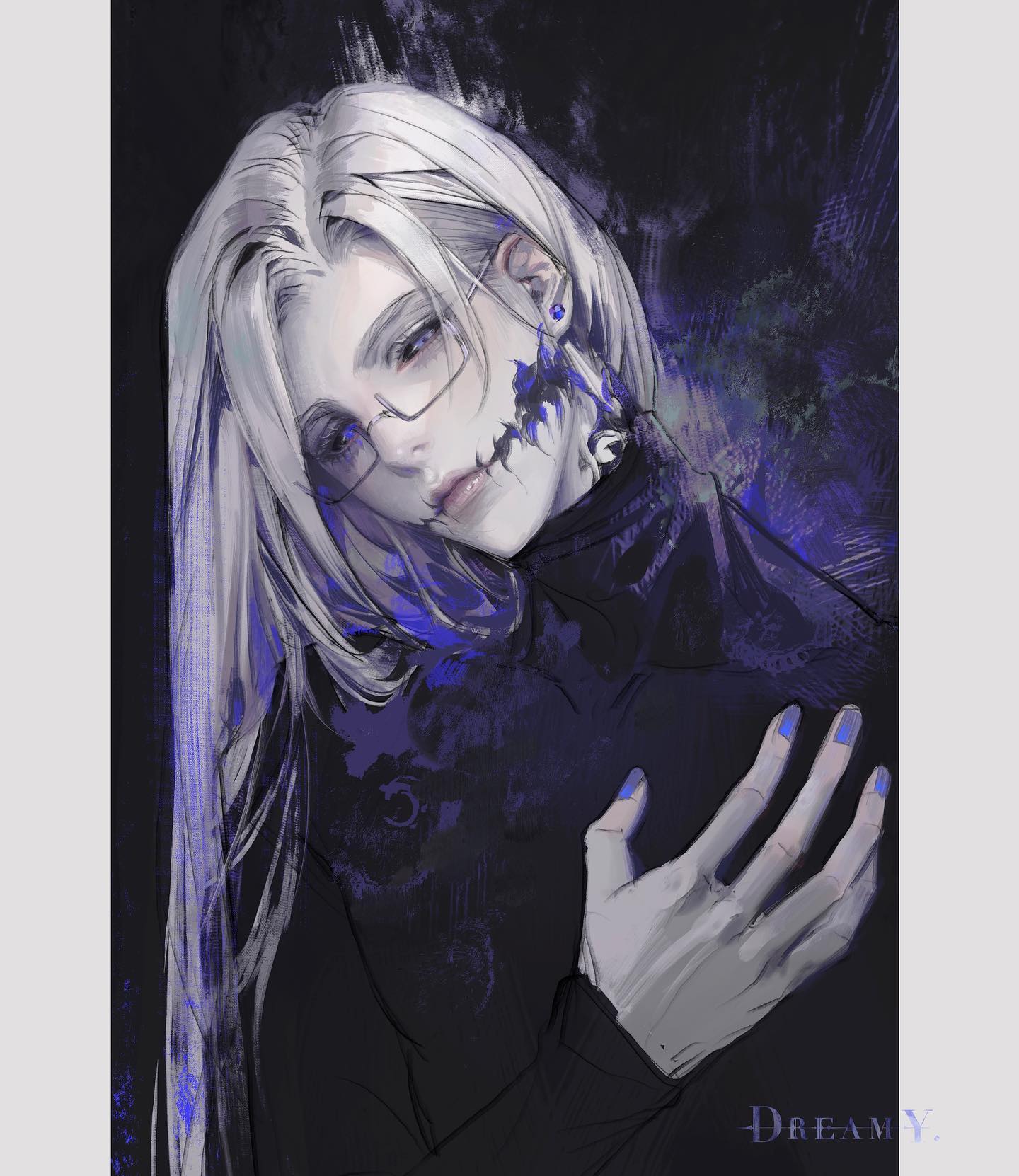 a digital painting of a young anime girl with long white hair and glasses. she is wearing a black outfit and has a black background behind her. she has blue nail polish on her fingers. the overall style of the image is dreamy.