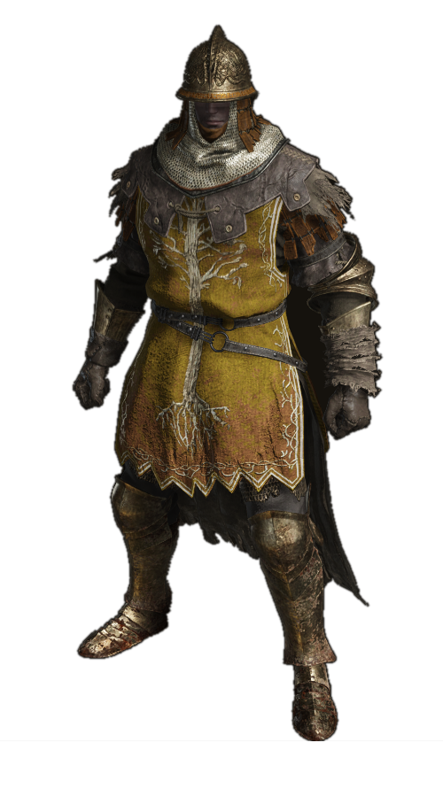 a digital render of a knight clad in ornate golden armor stands against a black background. the armor features a distinctive tabard with a stylized tree motif, suggesting a connection to nature or a specific order. the knight's helmet fully obscures their face, adding to the air of mystery and strength. the detailed textures of the armor, combined with the dramatic lighting, create a sense of realism and weight.