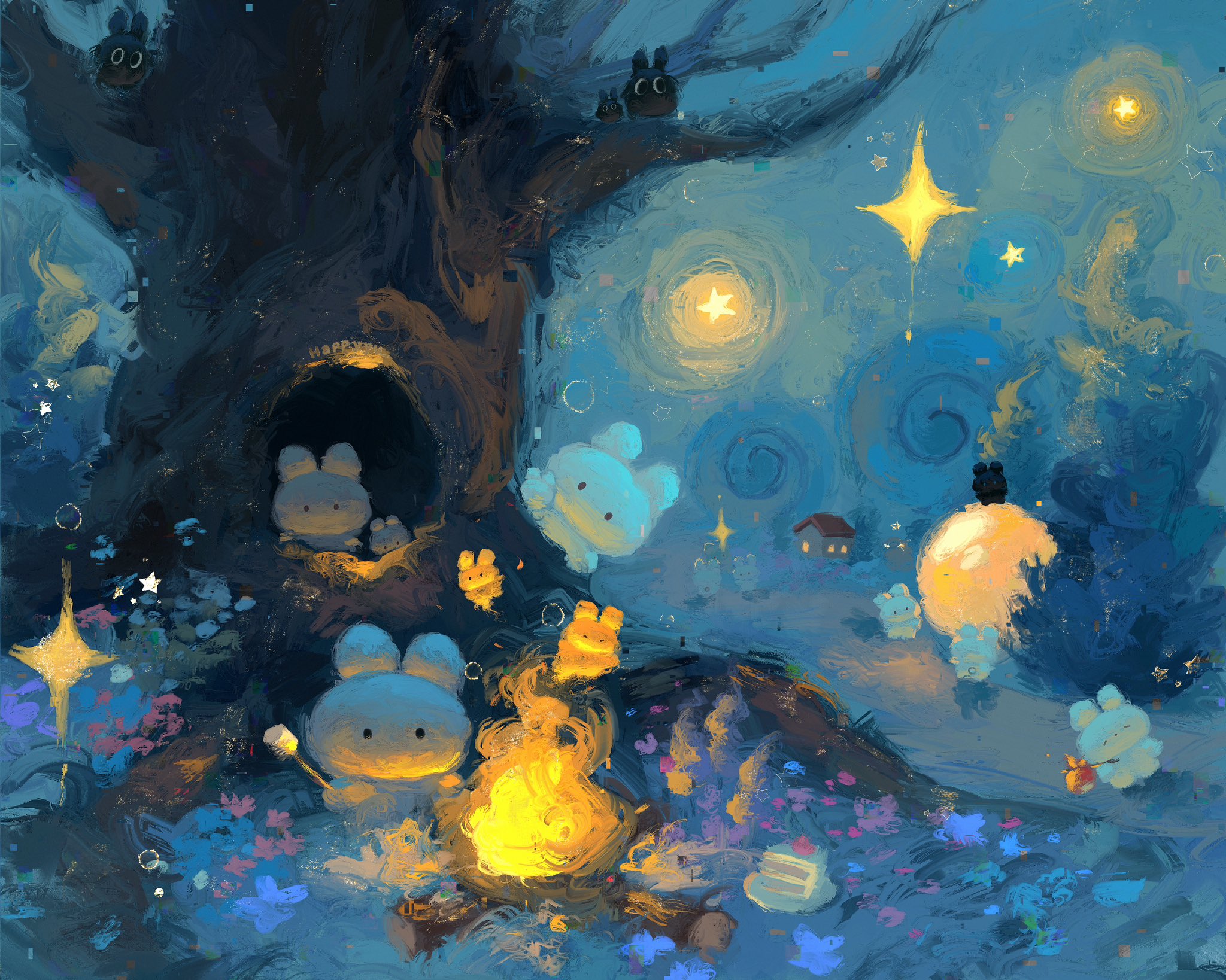 a group of cute, stylized, blue, bunnylike creatures are gathered around a campfire at the base of a large tree. the scene is at night, and the sky is a swirling blue with bright stars. more of the creatures are scattered around the environment, including some in the branches of the tree and others floating in the air. there are small houses in the distance, and the ground is covered in stylized flowers.
