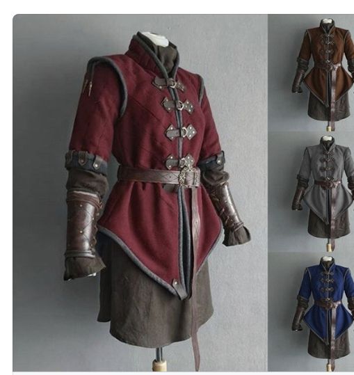 the image shows four different medieval costumes. the first one is red, the second one is gray, the third one is blue and the fourth one is brown. all of them feature leather belts, buckles and armor. the costumes are all very detailed and intricate, and would be perfect for cosplay or a medieval themed event. the costumes are shown from the front, with the person wearing them standing in a relaxed posture. the background is a plain, neutral color.
