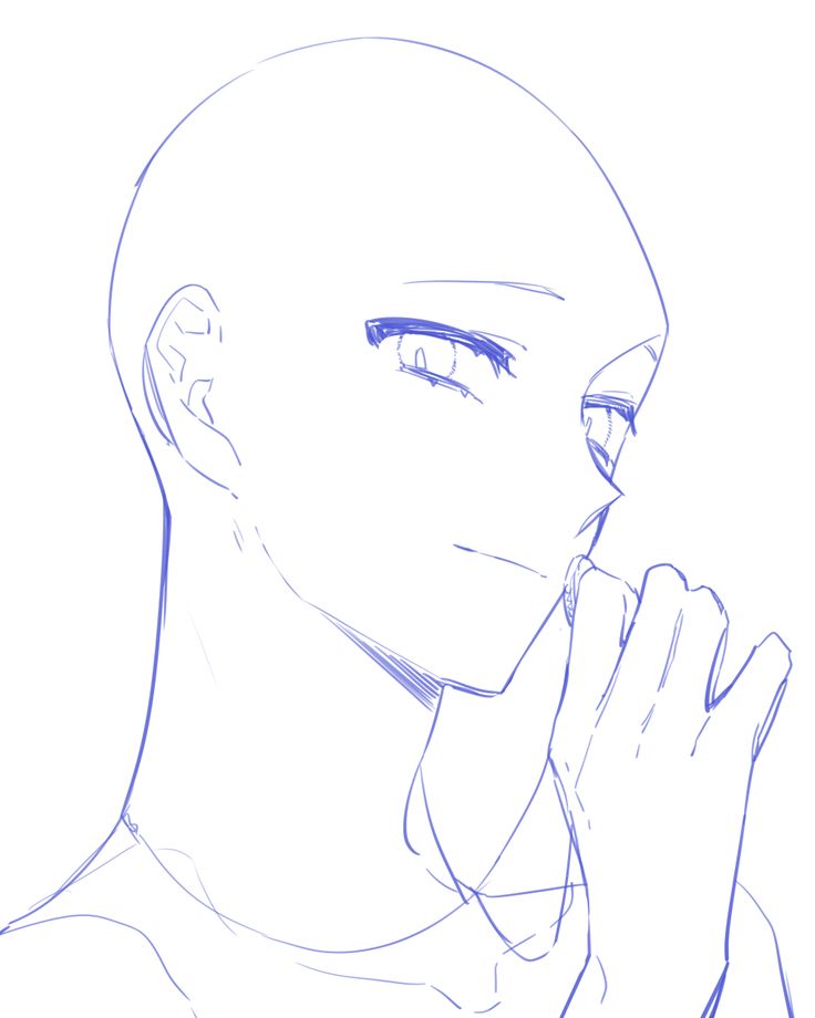 this is a drawing of a male anime character. the character's head is turned to the side, and they are looking down. their hand is up to their chin. the character has a serious expression on their face. the drawing is done in blue pencil and has a simple line art style.