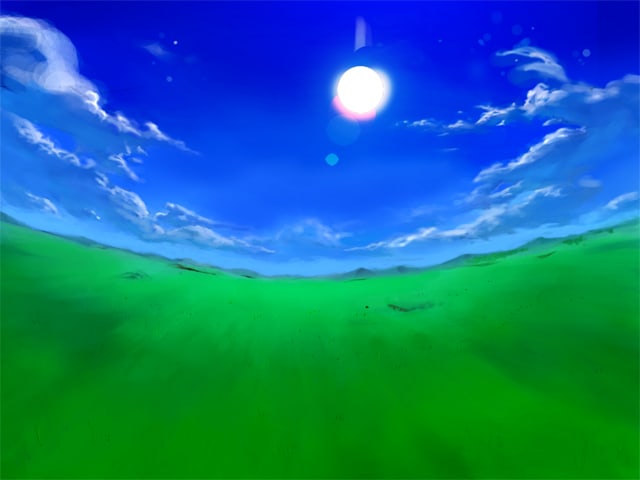 the image is a landscape composition with a stylized, artistic feel. the top portion showcases a vibrant blue sky with scattered white clouds and a bright sun. the lower portion depicts a green field that appears to be underwater, creating a distorted perspective. the image has an overall dreamlike, surreal quality.