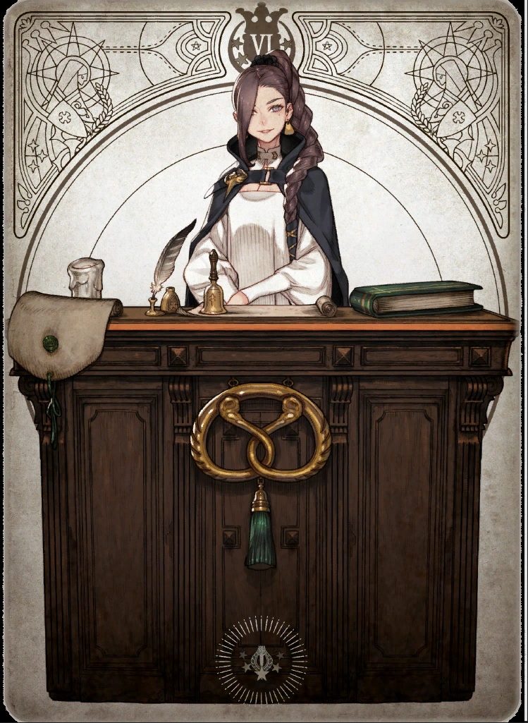 the image is an illustration of a woman sitting at a desk. the woman has long, dark hair and is wearing a white shirt, black cape, and a gold earring. the desk is made of dark wood and has a number of objects on it, including a book, a stack of papers, a pen, an inkwell, a bell, and a candle. the desk also has a cabinet with a gold symbol on it. the background of the image is a stylized, vintageinspired design.