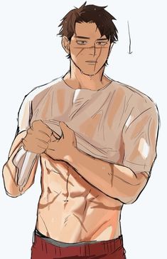 the image is a sketch of a muscular man with short brown hair. he is in the process of taking off a white tshirt, which is pulled up to his chest, revealing his toned torso. he has sweat glistening on his skin and a scar across his face. the art style is loose and expressive, with visible pencil strokes.