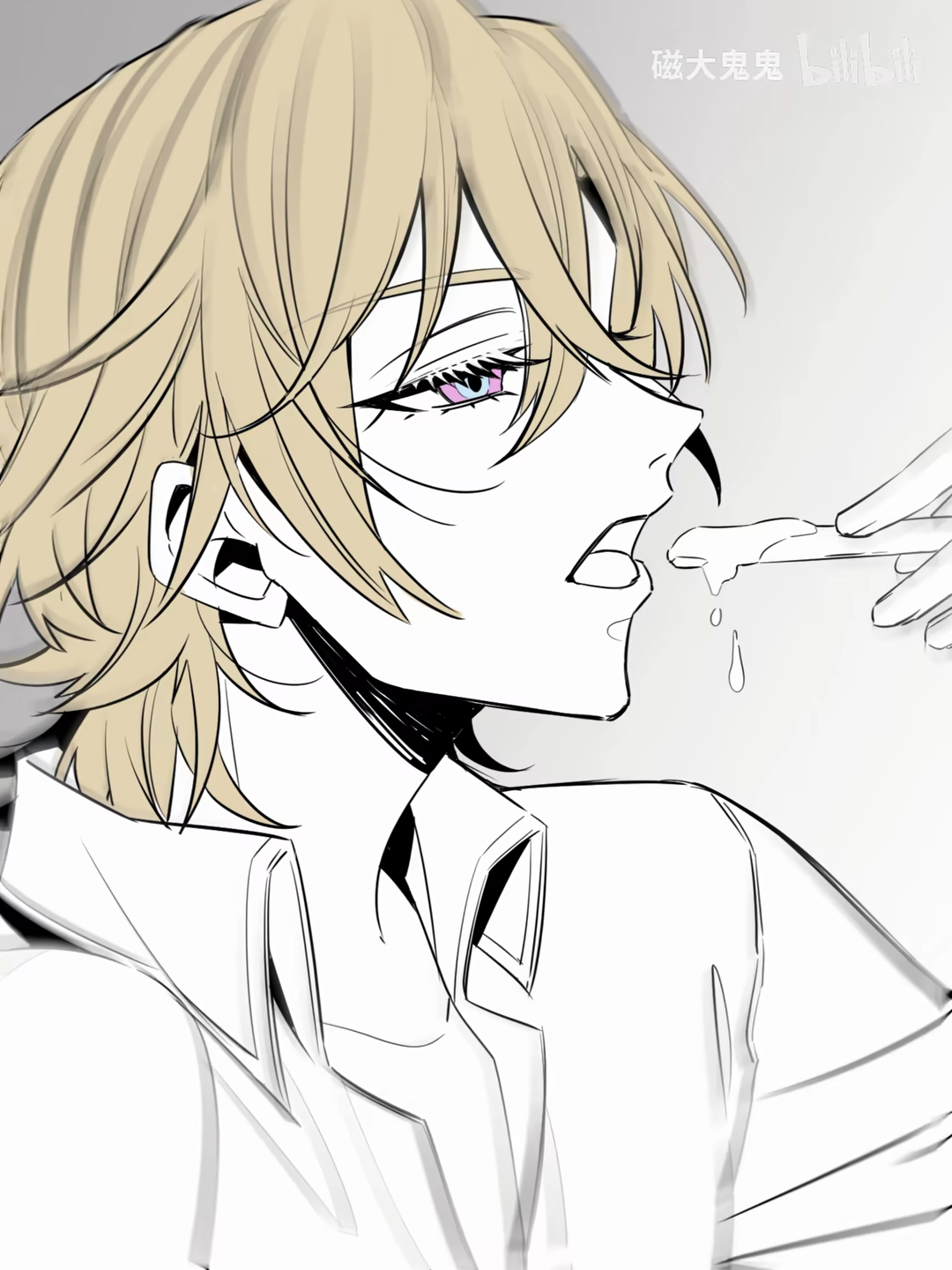 the image is a closeup drawing of an animestyle boy with blond hair and purple eyes. he is being fed something by an unseen hand. the style is suggestive, with a focus on the boy's expression and the act of being fed. the art is primarily in monochrome with some highlights in purple. the overall tone is soft and suggestive.