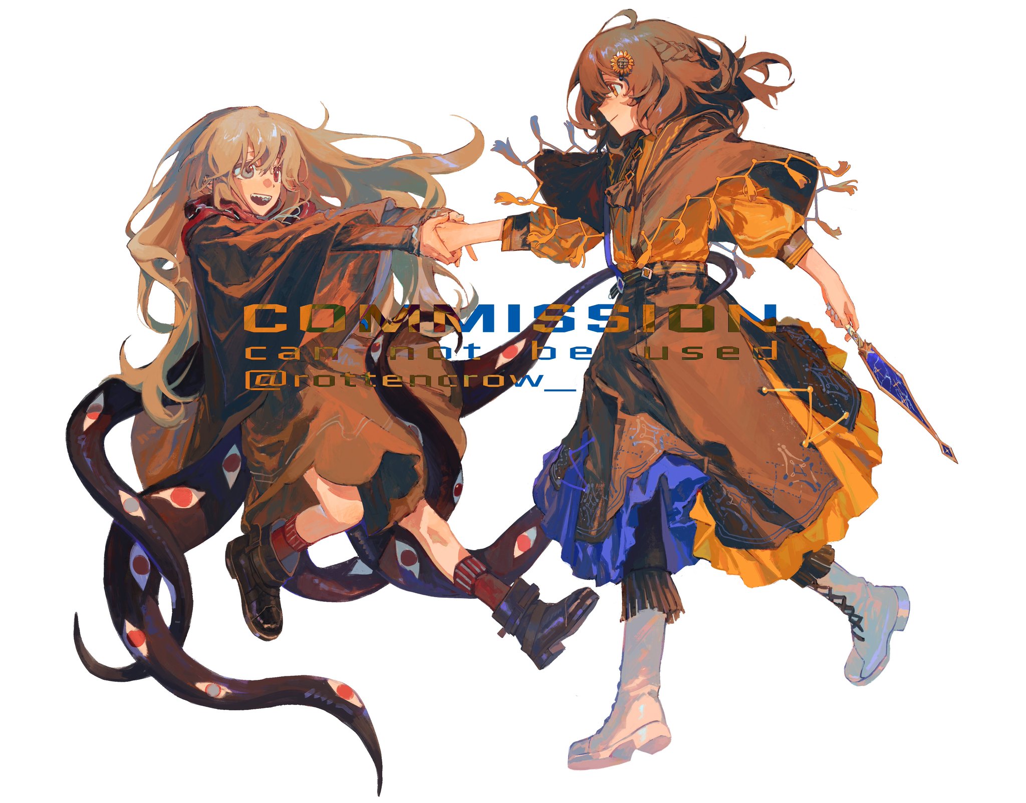 the artwork depicts two anime girls in fantasy attire, one with a flowing dress and a glowing staff and the other with a cloak and a long, dark snake with eyes. they appear to be dancing or floating in the air, with a white background. the artwork has a whimsical and colorful style.