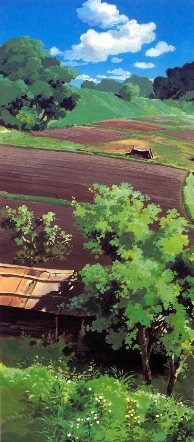 this image shows a picturesque rural landscape with rolling fields, lush trees, and traditional japanese houses. the vibrant green fields contrast with the rich brown of the tilled earth, creating a visually appealing patchwork. the houses, with their weathered wooden roofs, blend seamlessly into the landscape. a bright blue sky with fluffy white clouds adds to the idyllic atmosphere. the highangle perspective allows for a panoramic view of the scene, highlighting the tranquility and beauty of the countryside.