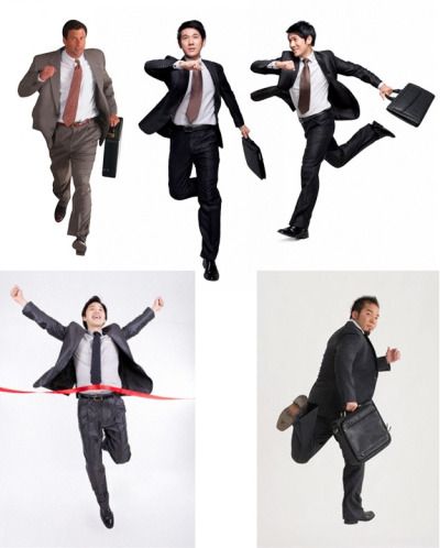 five men in business suits and ties are shown. two are jumping, one is running, and two are standing.  all five men are holding briefcases.