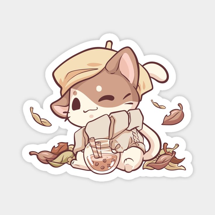 a cute cartoon cat wearing a cozy sweater and hat is holding a cup of boba tea. it is surrounded by autumn leaves. the cat is smiling and looks happy. the colors are warm and inviting, creating a cozy feeling.