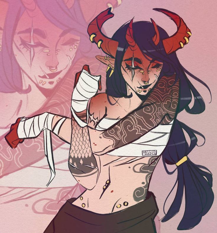 this is a digital illustration of a female demon character. the demon is depicted with a red, black, and white color scheme, and a long, flowing black ponytail. she is adorned with gold jewelry and has multiple body piercings. her arms are wrapped in bandages, and she is tattooed all over her body, including a large cloud design on her left arm. the demon's eyes are closed, and her expression is one of peacefulness. the image is drawn in an anime/manga style and has a dreamy, mystical feel.