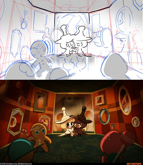 the image presents two versions of the same scene, a rough sketch at the top and a fully rendered version at the bottom. the scene depicts a room with red patterned walls adorned with numerous round mirrors. two elaborately dressed cookie characters stand in the center, surrounded by other cookies, including gingerbread men, who appear to be guards. the warm lighting and soft rendering give the scene a whimsical and inviting atmosphere.