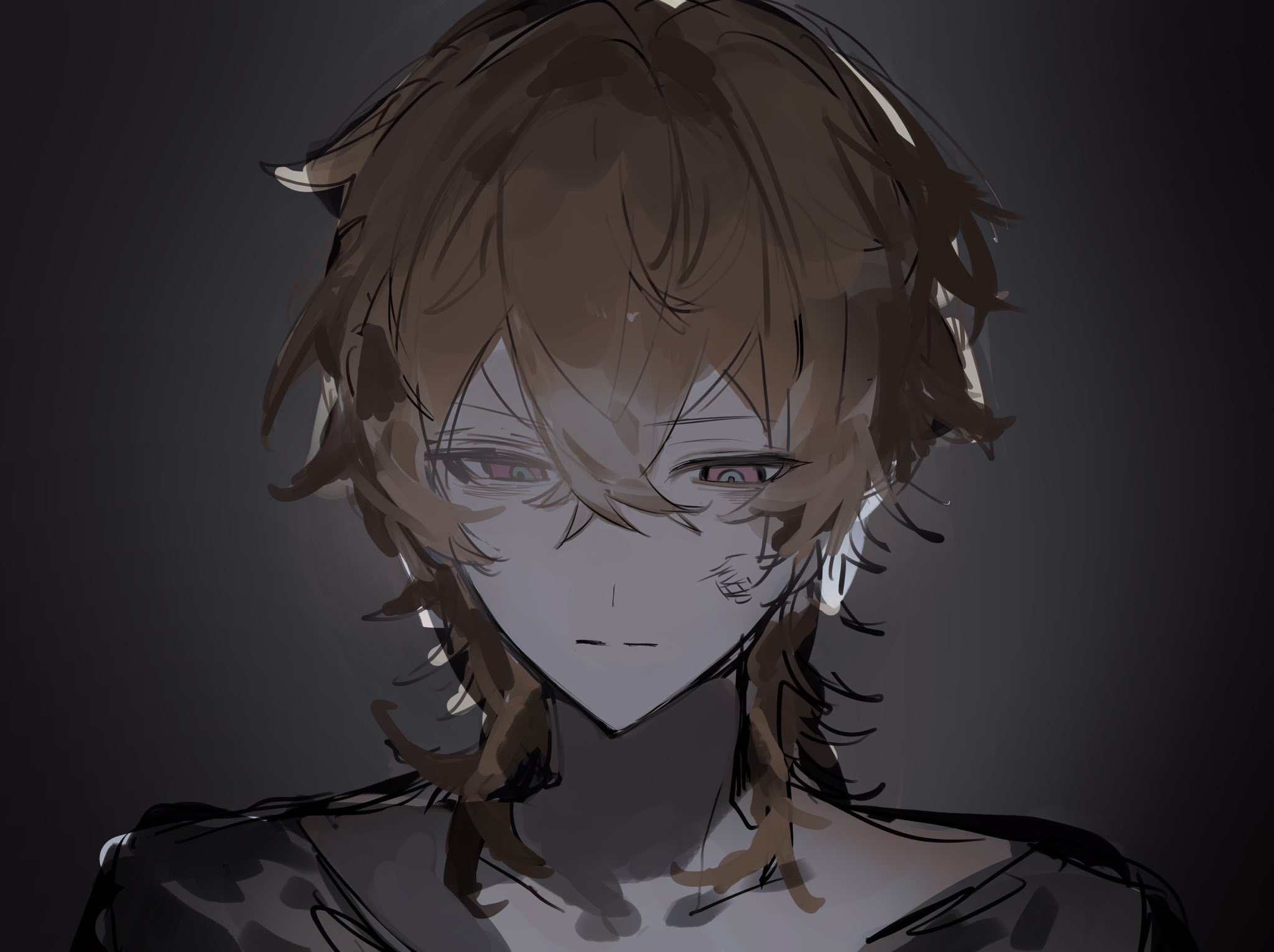 the image is a digital drawing or painting of an animestyle boy. he has brown, messy hair that partially obscures his face. his eyes are red and slightly downcast, conveying a sad or melancholic expression. there are faint scars or wounds visible on his cheek. the overall style is dark and moody, with shadows and soft lighting creating a somber atmosphere. the art style is characterized by loose, slightly sketchy lines and muted colors. the focus is on the boy's face and upper body.