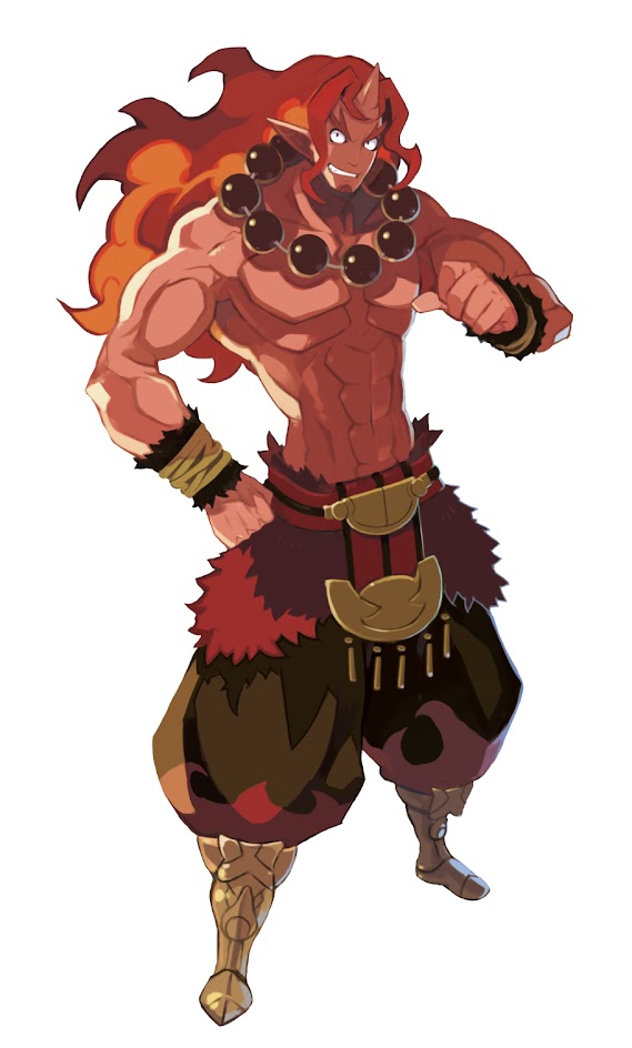 this is an animestyle illustration of a muscular male demon character. he has red horns, firelike red hair, and wears a gold and red outfit. he appears to be a powerful warrior.