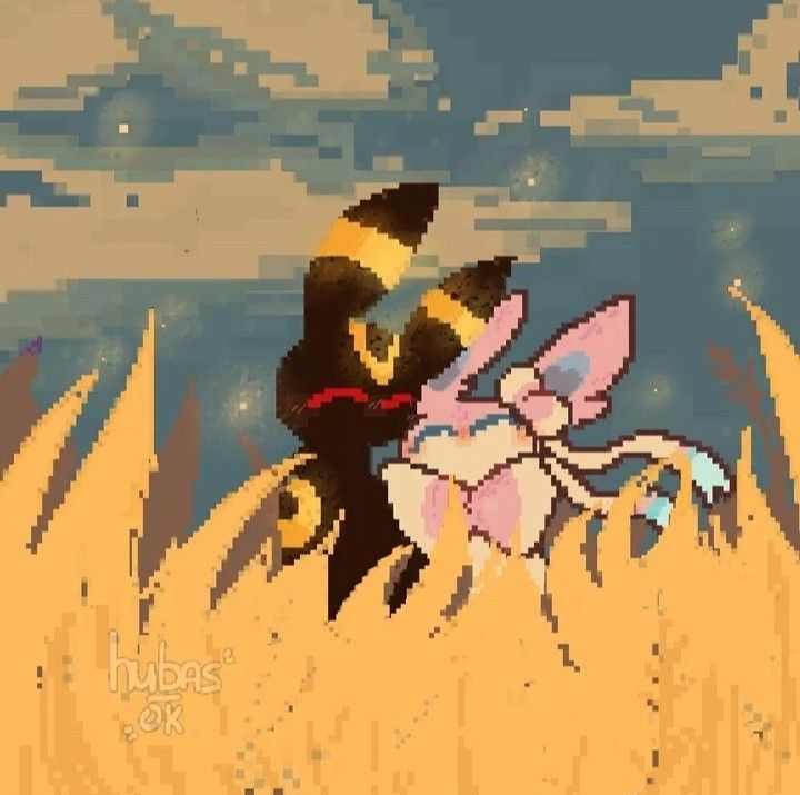 a digital illustration of two pokemon, umbreon and espeon, standing in a field of tall grass under a starry night sky. they are embracing each other with a loving and affectionate expression on their faces. the colors are vibrant and the overall tone of the piece is whimsical and romantic.