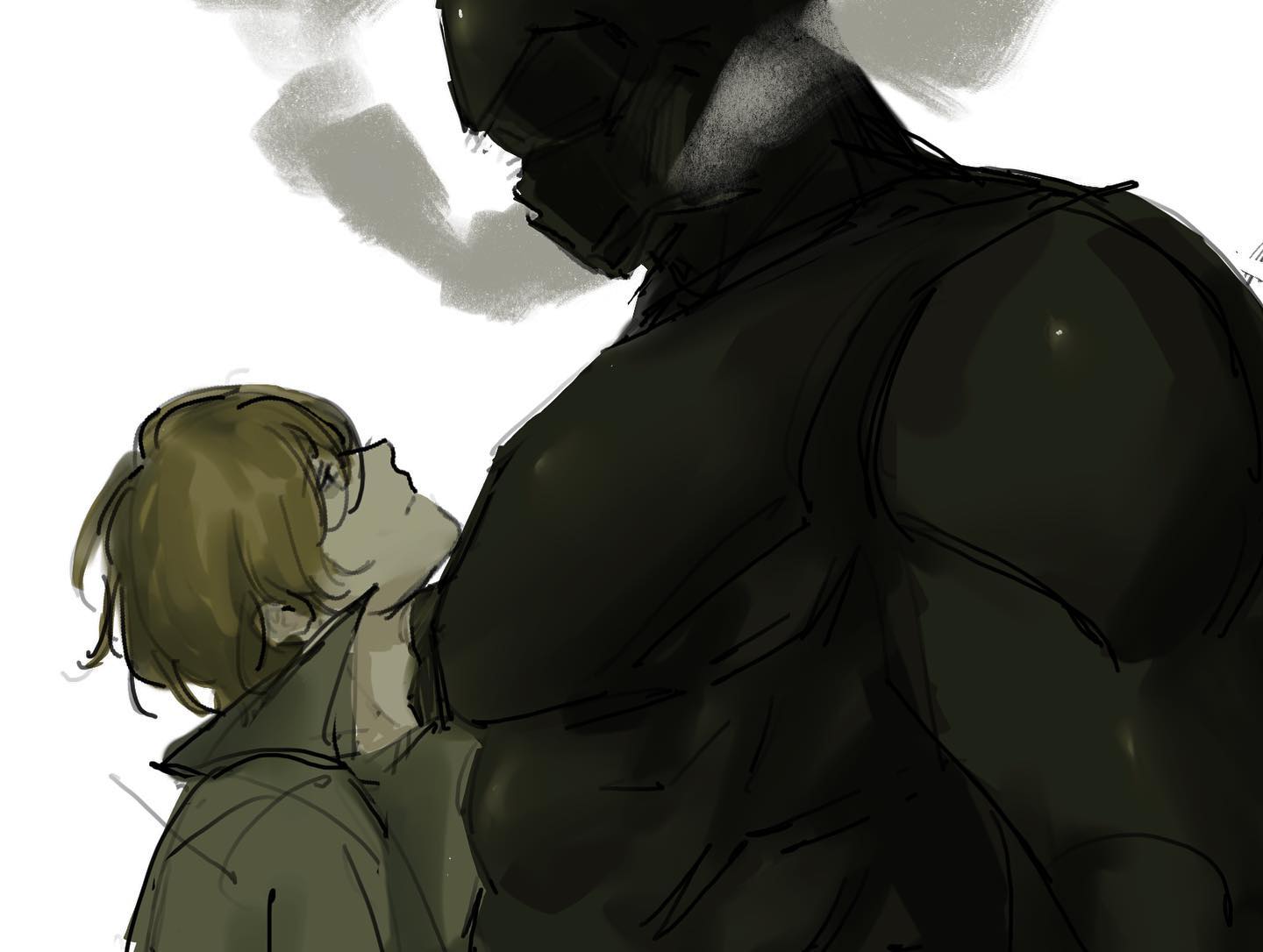 this is an illustration of a man and a cyborg. the man is looking up at the cyborg, who is emitting smoke from his head. the drawing style is rough and unfinished, with visible brushstrokes. the color palette is muted, consisting mainly of grays and blacks. the overall mood of the image is one of mystery and intrigue.