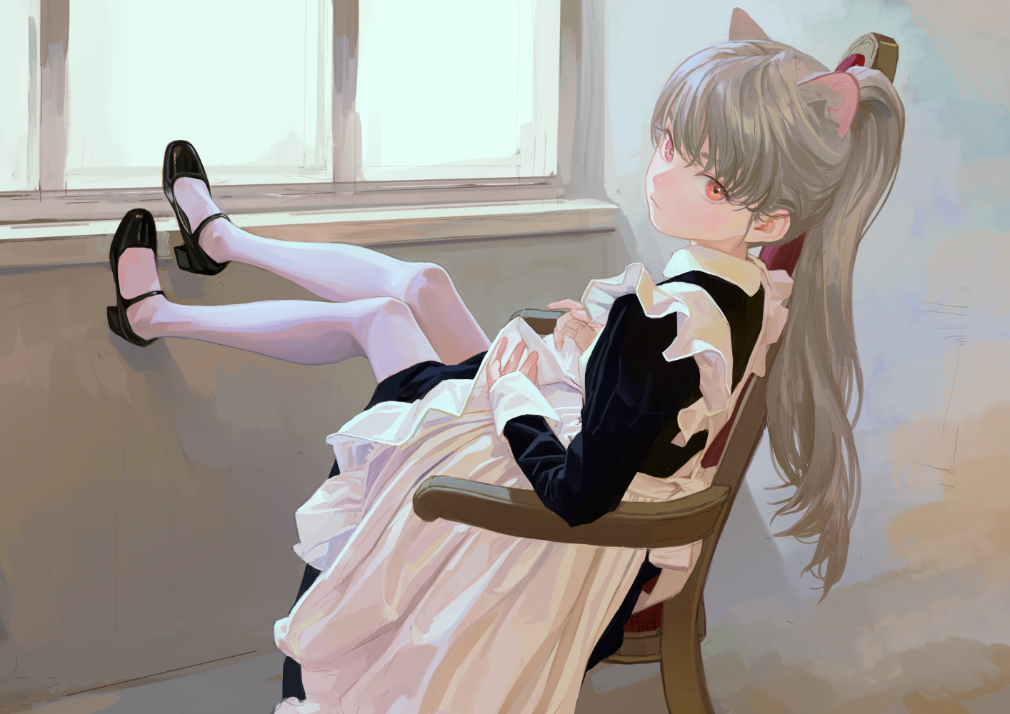 an animestyle girl with grey hair, cat ears, and red eyes is relaxing in a wooden chair. she is wearing a black and white maid outfit with a ruffled apron. her legs are propped up against a window.