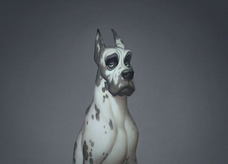 the image shows a cartoonstyle illustration of a great dane dog. the dog is predominantly white with gray spots and has a slightly sad or melancholy expression. it's set against a gray background.