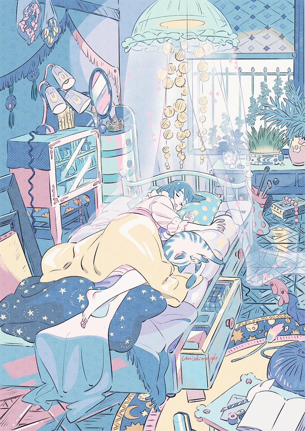 the illustration depicts a girl peacefully sleeping in a bed with her cat. the room is filled with various objects, creating a cozy, slightly cluttered atmosphere. pastel colors dominate the scene, adding to its dreamy and whimsical feel. the overall style is reminiscent of anime or manga, with delicate lines and soft shading.  the room is filled with details like plants, books, and whimsical accessories, giving a sense of personality and comfort. sunlight streams through a window, illuminating dust motes in the air. the scene is peaceful and evokes a feeling of calm and contentment.