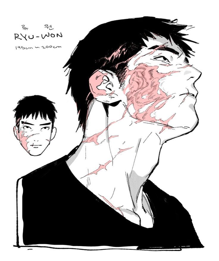 an anime character is drawn in black and white with some pink highlights. it is a male character with black hair and they appear to be hurt with visible scarring on their neck and face. there is a smaller portrait of the character in the top left corner of the image. the text "ryuwon 195cm ~200cm" is written in the top left corner of the image.