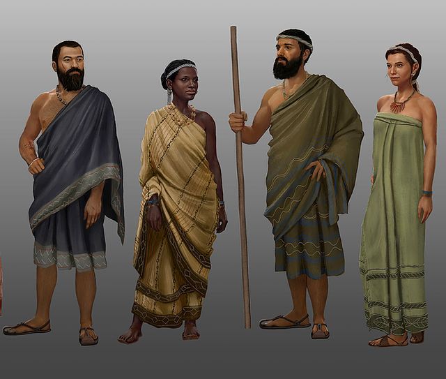 the image shows a digital painting or illustration depicting four individuals dressed in attire reminiscent of ancient nubian/kushite styles.  two men and two women are portrayed standing individually against a neutral gray background.  the clothing is detailed, showing variations in color, fabric, and adornments (jewelry, headdresses). one man carries a long staff. the artwork appears to be concept art for a historical game, movie, or other media, showcasing careful attention to costume design and historical accuracy (or a stylized interpretation). the individuals are rendered with a degree of realism.