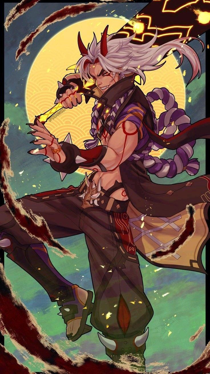 he image is a vibrant digital fanart depicting a stylized animestyle male character, possibly an oni or demon, with long white hair and red horns. he's dressed in a dynamic mix of traditional japaneseinspired clothing, showcasing a kimonolike garment with red and gold accents.  he wields a large, glowing katanalike sword with impressive detailing. his expression is fierce and determined. the background features a large, bright yellow moon and swirling brushstrokes suggestive of motion and energy, creating a dramatic and actionpacked scene. the art style is richly detailed and colorful, with a blend of bold lines and softer shading. the overall impression is one of power and otherworldly energy.