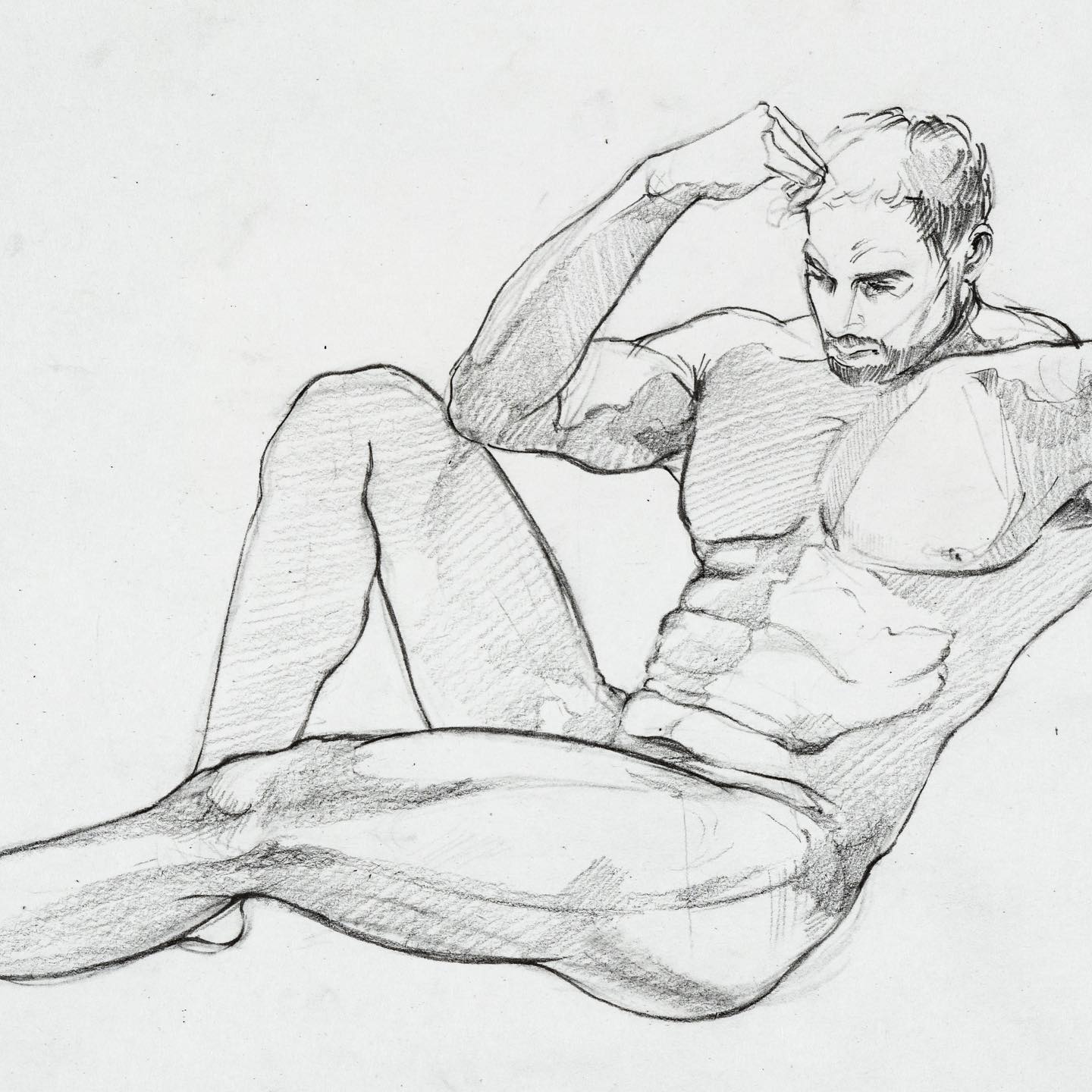 a pencil sketch of a nude man sitting with his legs crossed. the drawing is done in a realistic style and shows the details of the man's muscles and anatomy. the man is sitting with his left hand on his head and his right arm is resting on his thigh. the drawing is done on a white background.