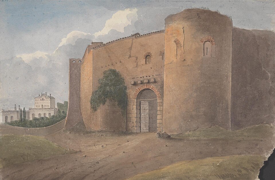 the image is a watercolor painting depicting an old building, likely a castle or fortress with architectural features such as a round tower, archway, and stone walls. the building has an entrance with a gate, and there's greenery, possibly a tree, growing on the wall. the sky is visible with clouds, and there's a hill in the foreground. in the distance, another building can be seen. the overall scene suggests a historical cityscape or landscape.