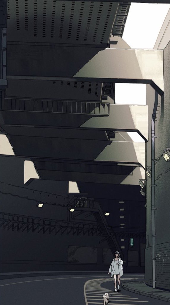 the image is an animestyle illustration depicting a young woman walking down a quiet city street with a small, lightcolored animal (possibly a cat or small dog) beside her.  the setting is an urban alleyway or underpass characterized by a modern, concrete architecture with heavy shadows and muted colors. the overall mood is serene and peaceful. the perspective and composition emphasize the urban environment, drawing the viewer's eye along the path the woman is traversing.  the architecture is complex and visually interesting, creating a sense of depth and scale within the scene. the style is minimalist and suggestive, with fine lines and subdued color palettes.
