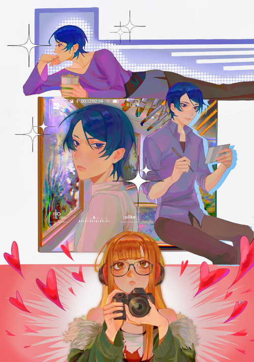 this is a digital illustration of three anime characters. the first character is a woman with long brown hair and green eyes, she is wearing a green jacket and a white shirt, she is holding a camera and looks like she is about to take a photo. the second character is a man with blue hair and yellow eyes, he is wearing a purple shirt and black pants, he is holding a piece of paper in his hand, and looking at the camera. the third character is a man with blue hair and purple eyes, he is wearing a purple shirt and black pants, he is holding a piece of paper and writing on it. the background is a blurred image of a gallery, which has a lot of paintings and artwork. the image is filled with a lot of bright colors, such as pink, red, blue, green, and purple. the art style is very colorful and vibrant, with a lot of detail. the overall tone of the image is happy and playful.