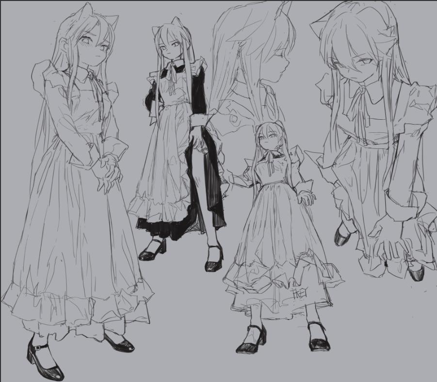 a sketch of an animestyle girl with cat ears in different poses wearing a long dress. the dress has ruffles and a bow. she's wearing black mary jane shoes. the artwork is line art. some outfits look like maid outfits.