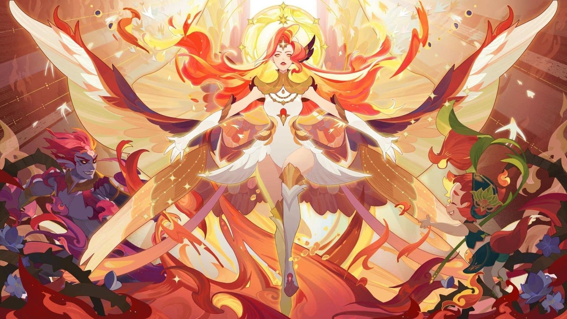 the image showcases a central angelic figure with flowing red hair and large white feathered wings, bathed in radiant golden light. she is clad in a white and gold dress and stands majestically against a backdrop of swirling fire and light. two smaller figures flank her, one a fiery being with horns on the left and the other a natureinspired figure with green hair and attire on the right. the overall scene is ethereal and celestial, conveying a sense of power, divinity, and hope.