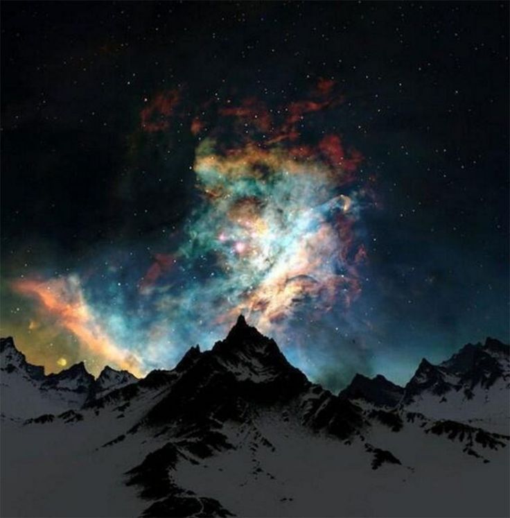 a majestic mountain range stands silhouetted against a breathtaking night sky, awash with a vibrant nebula. the sky is a canvas of twinkling stars, creating a sense of vastness and wonder. the nebula, a swirling cloud of gas and dust, illuminates the scene with its ethereal glow, painting the heavens with hues of pink, purple, blue, and yellow. the snowcapped peaks of the mountains add to the beauty of the landscape, reflecting the light of the nebula and the stars. the image captures a sense of tranquility and awe, reminding us of the beauty and mystery of the universe.