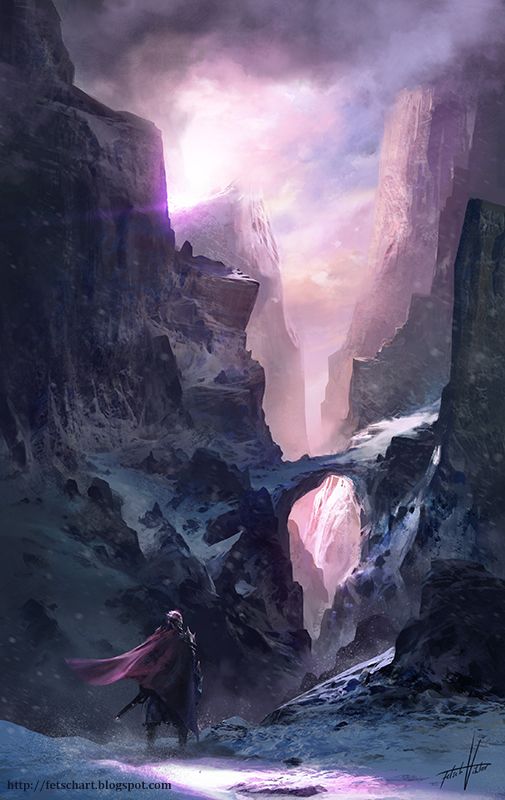 the image depicts a digital fantasy artwork of a warrior standing in a snowy mountain landscape. the warrior, clad in dark clothing with a red cloak flowing in the wind, stands on a snowy path leading towards a cave or opening beneath a natural stone bridge. the background features towering snowcovered mountains and a pinkhued sky with clouds. the overall scene conveys a sense of adventure and exploration in a harsh, fantastical environment.