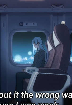 the image shows a young woman with long, light blue hair sitting alone in a train. she is wearing a dark school uniform and is staring out of a large window. the window reveals a nighttime sky with fluffy clouds. the train interior is rendered in cool gray and blue tones, creating a serene yet slightly melancholy atmosphere. the soft, ambient lighting emphasizes the sense of solitude and contemplation.