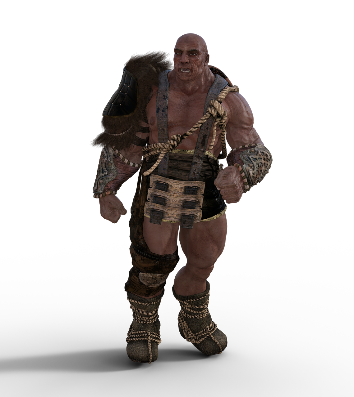 a fullbody image of a muscular, bald ogre dressed in primitive warrior attire. the ogre is wearing rope straps across his chest, fur armor, and decorative arm bands. he is standing against a black background.