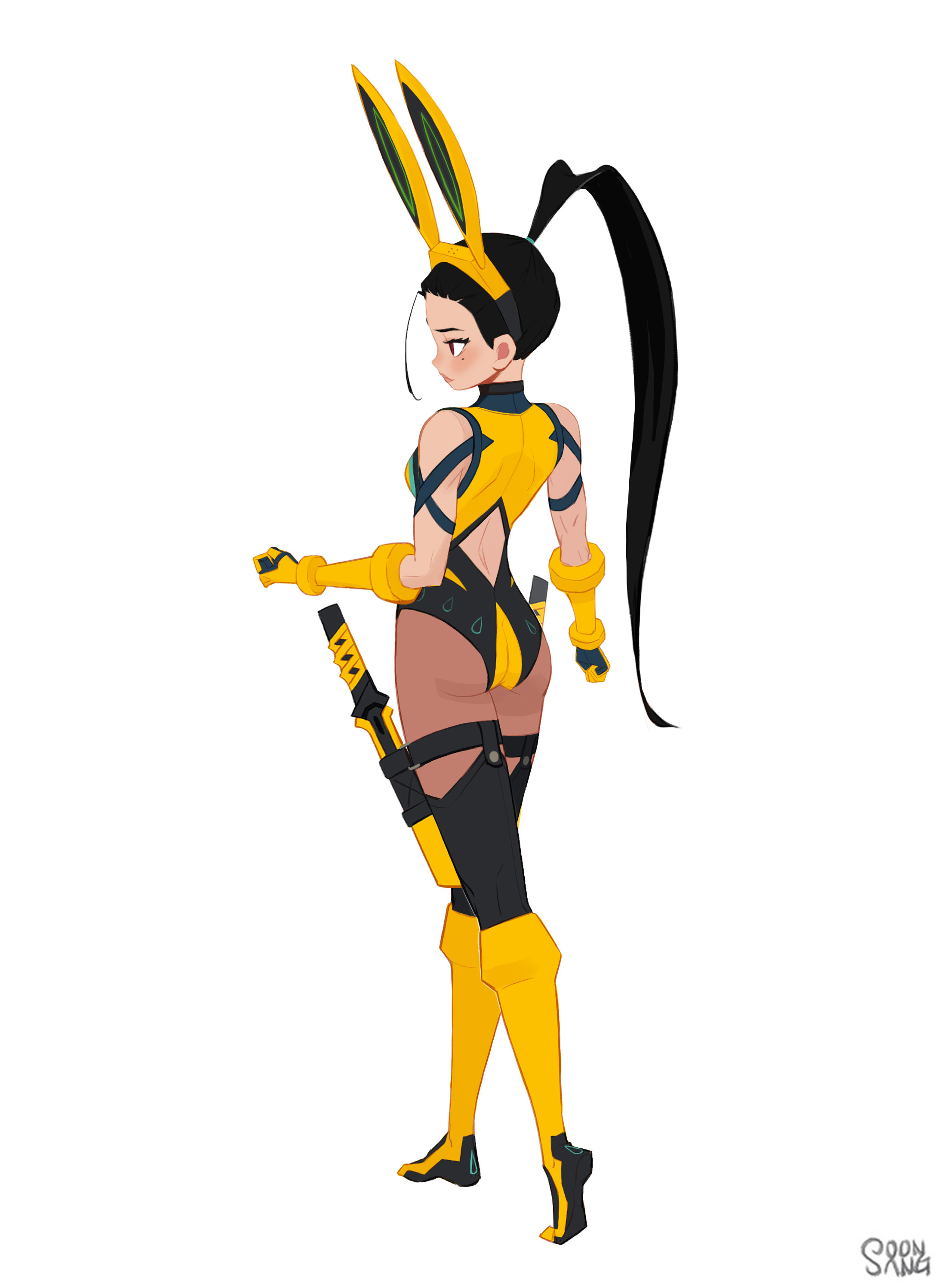this is a digital illustration of a female character with bunny ears, wearing a yellow and black combat suit, and carrying a sword on her back. she is standing with her back to the viewer and has a sad expression on her face. the art style is animeinspired, and the overall color palette is bright and vibrant. the background is plain white, focusing attention on the character.