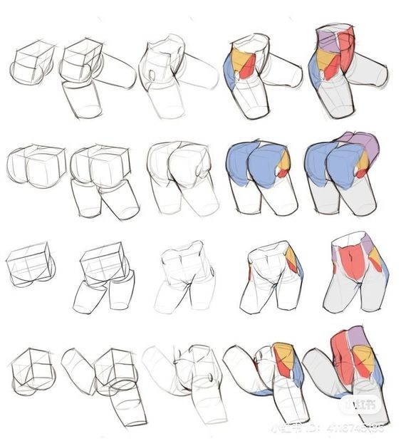 the image is a drawing tutorial on how to draw female anatomy, specifically focusing on the hips and buttocks. it shows a stepbystep process of drawing the muscles and shape of the body, from simple geometric shapes to a more detailed illustration. the drawing is done in a simple line art style with some basic colors added to highlight the different muscle groups. the tutorial is divided into four rows, each with a different angle or perspective of the hips and buttocks. the image is helpful for artists who want to learn how to draw the human figure accurately and realistically.