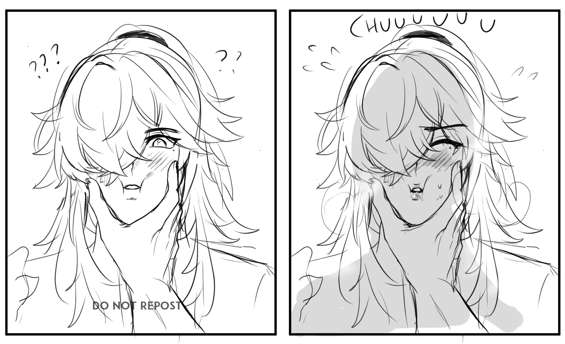 a two panel comic featuring a  character with long white hair. in the first panel, the character is blushing and looking confused, while in the second panel, they are blushing and looking to the right.  the second panel has a speech bubble above the character that says "chuuuuuuu" and there are lines above the character's head as if they are blushing hard. there is text at the bottom of the first panel that says "do not repost".