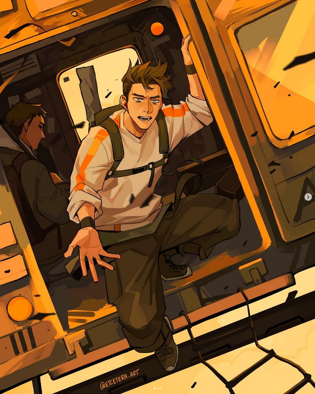 the image depicts a tense scene of two men on a moving train in a desert environment. one man hangs precariously from the open door, his expression determined as he prepares to jump.  the setting sun bathes the scene in a warm, golden light, highlighting the dust particles in the air. the low angle perspective emphasizes the speed and danger of the situation. the overall aesthetic suggests a desert punk or postapocalyptic setting.